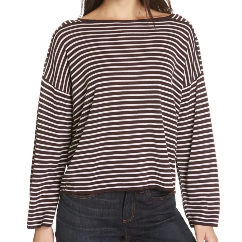 Eileen Fisher Brown and White Striped Cotton-Blend Boatneck Sweater